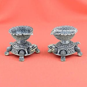 Pure Silver Handcrafted Turtle Deepam, Turtle Oil Lamp, Silver Diya for Puja & Festivals Turtle Diya for Pooja, Hindu Prayer Lamp,Puja Diya