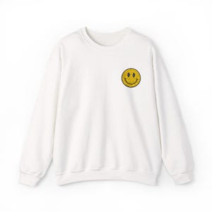 Smiley Face Embroidered Sweatshirt, Happy Crewneck Jumper, Positive Vibes Sweater, Fun Apparel for All, Cozy Pullover for Men and Women