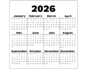 2026 Yearly Calendar Square Sticker | Small Planner Date Reference