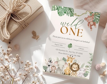 Wild One Birthday Invitation – Jungle Safari 1st Birthday – Editable Canva Template – Instant Download