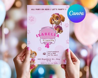 Editable Paw Patrol Skye Birthday Invitation Girl | Instant Download Canva Template | Pink Puppy Party Invite | Custom Age