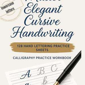 Puede incluir: Un cuaderno de trabajo titulado "Master Elegant Cursive Handwriting" con un bolígrafo y una hoja de práctica. La portada es de color crema con texto azul marino. La hoja de práctica muestra las letras cursivas A, B, C, a, b y c.