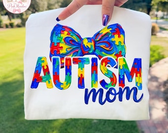 Autism Mom PNG Puzzle Bow Shirt Design Autism Awareness Sublimation File DTF Transfer Digital Download for Boutique Shirts