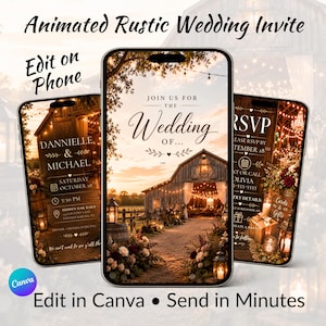 May include: Three smartphones displaying an animated wedding invitation template featuring a rustic barn setting at sunset. The screens show text including "Join us for the wedding of," "Dannielle & Michael," "Saturday October 18," and "RSVP." The design includes floral accents and string lights.