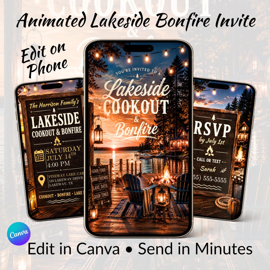 Animated Lakeside Bonfire Invite, Editable Canva Template, Lake Cookout ...