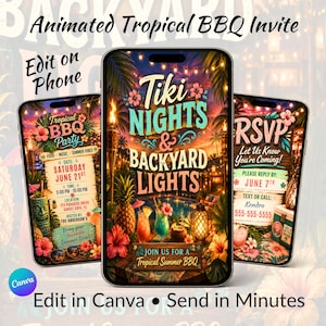 May include: Three smartphones display digital invitation templates for a tropical BBQ party. The screens feature vibrant sunset colors, tiki torches, pineapples, hibiscus flowers, and text including Tiki Nights & Backyard Lights and RSVP.
