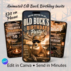 Pode incluir: Três smartphones exibindo um modelo de convite de aniversário digital com um cervo usando um boné e óculos de sol. O texto inclui "Old Buck's Birthday Party", "You're Invited", "Older Wiser Still Awesome" e "Please RSVP by June 10th".