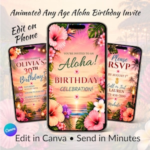 May include: Three smartphones displaying digital birthday invitation templates with a tropical sunset theme. The screens feature pink and orange gradients, hibiscus flowers, palm leaves, and text including "You're invited to an Aloha Birthday Celebration."
