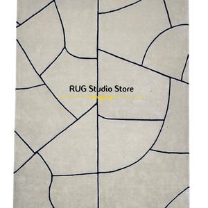 Hand Tufted Modern Abstract Line Rug | Neutral Wool Area Carpet | Minimalist Geometric Living Room Rug | Custom Size Handmade Rug