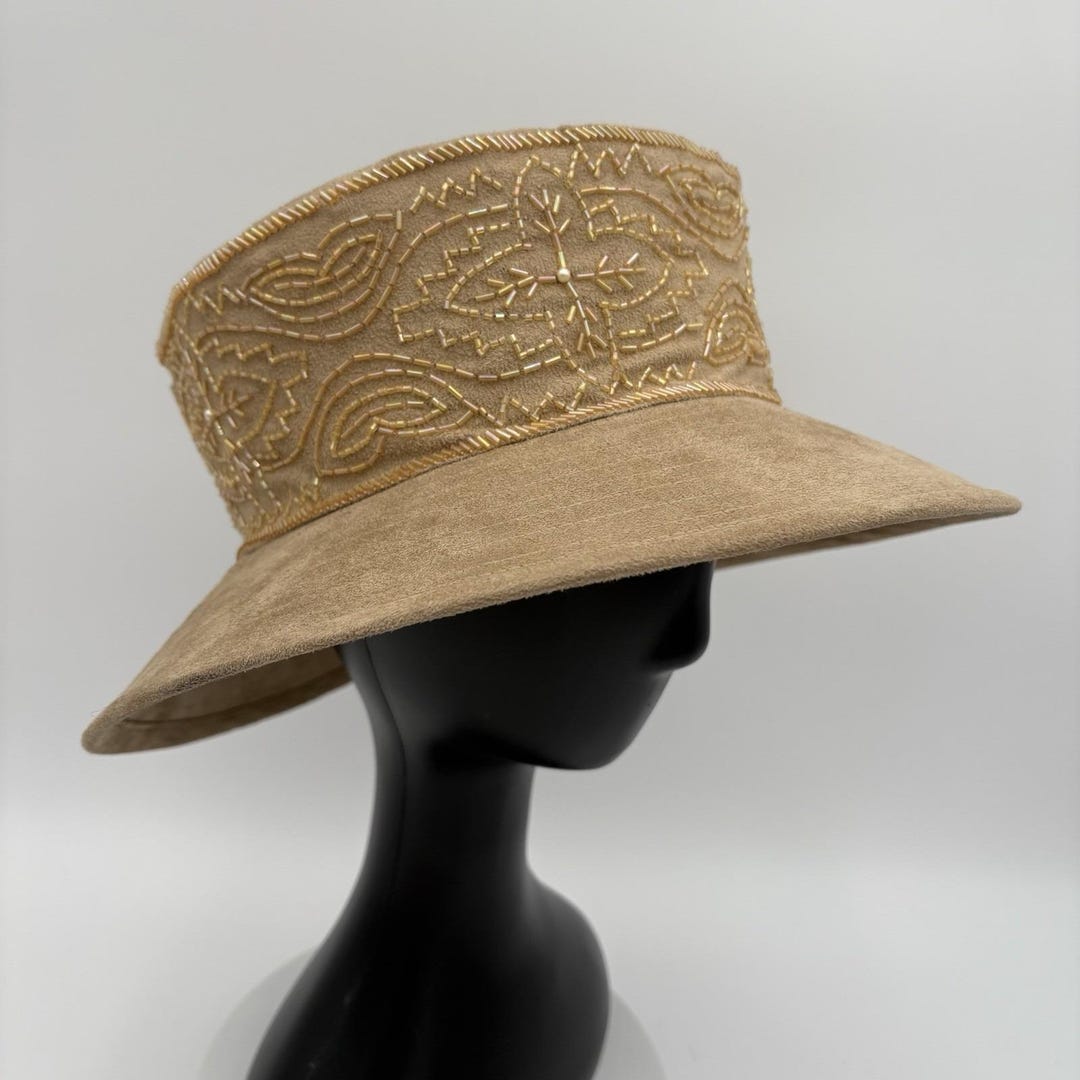 Whittall & Shon Womens Hat Beige Fancy Party Brim High Crown 
