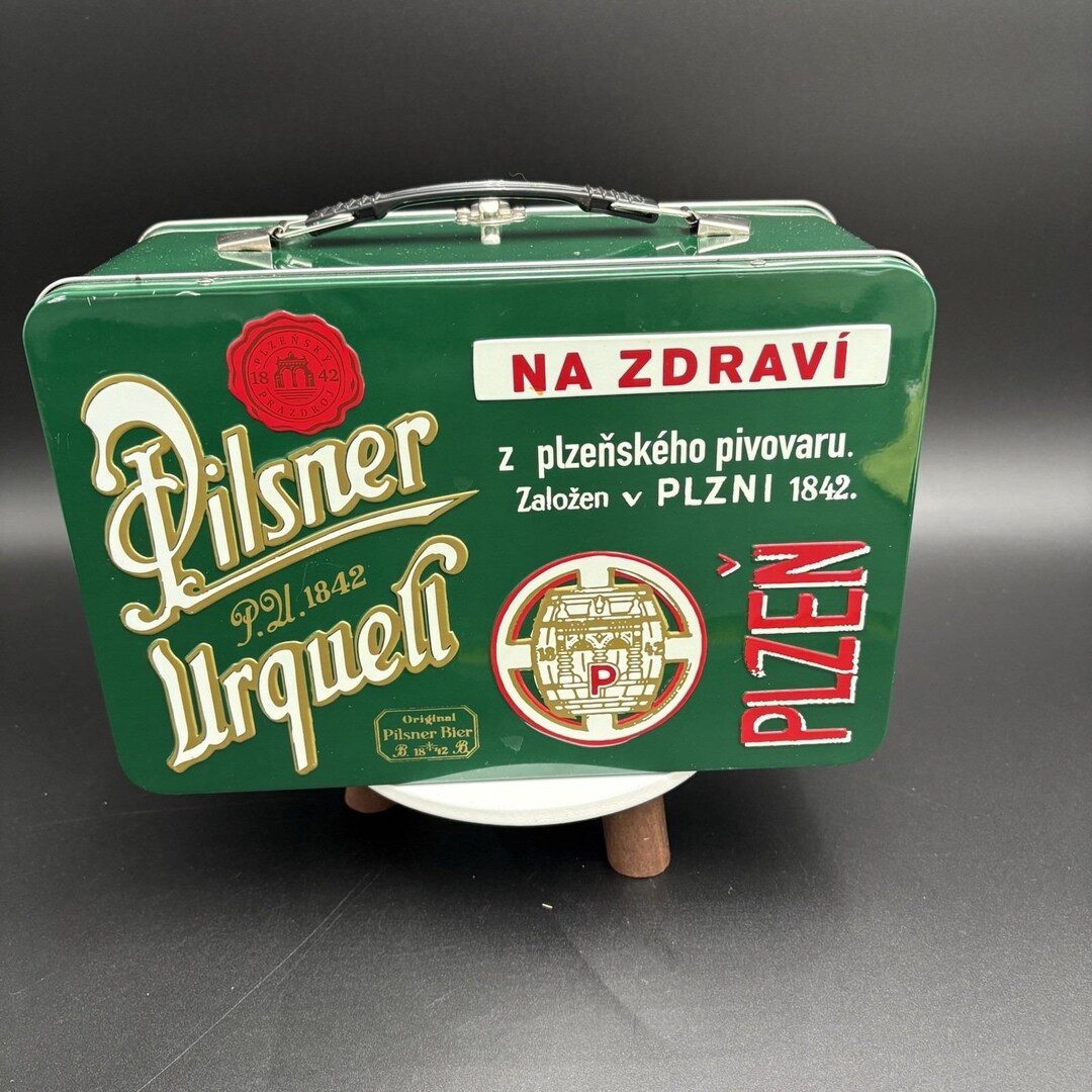 Embossed Pilsner Urquell Beer Lunch Box Green Metal 10.5 X 7 X 5