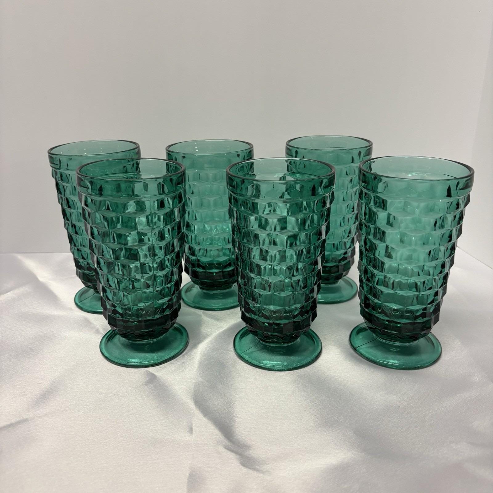 Vintage Teal Whitehall Colony Indiana Glass Footed Iced Tea set of 6 Rare Nice