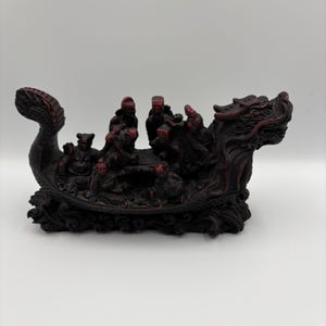 Vintage Chinese Dragon Boat Checkers Scene Figure ~10" Heavy Resin Chinoiserie