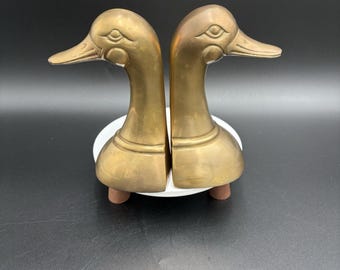 Vintage 1950's Solid Brass Mallard Duck Head Bookends MCM Decor