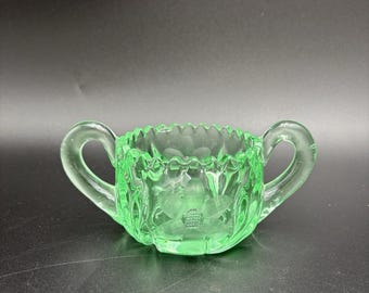 Green Uranium Depression Glass Sugar Bowl Double Handles