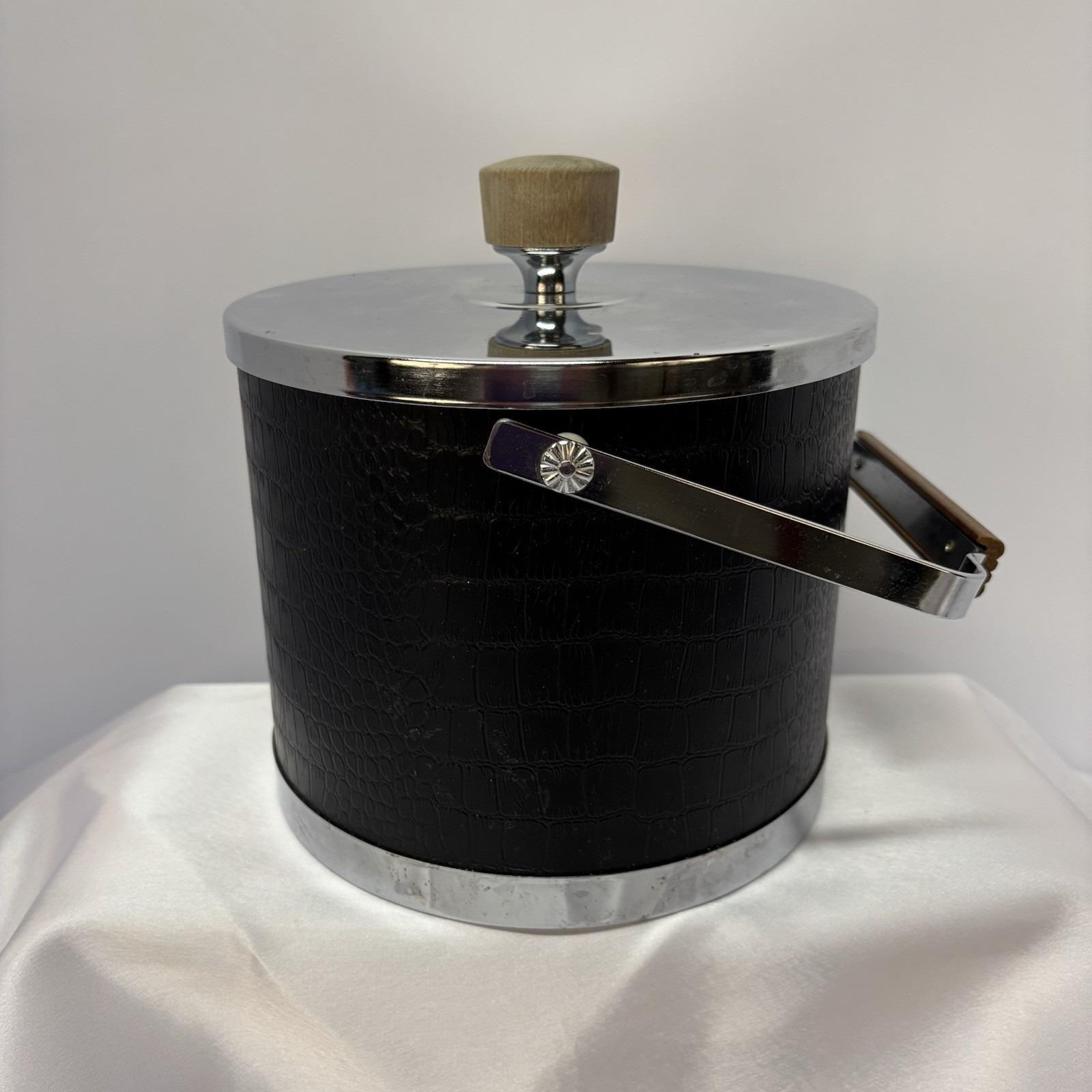 Atapco Ice Bucket Alligator Faux Black Leather Chrome Lid Wooden