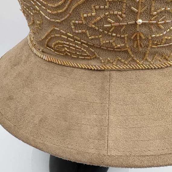 Whittall & Shon Womens Hat‎ Beige Fancy Party Brim High Crown Suede Beaded VTG Whittall & Shon Womens Hat Beige Fancy Party Brim High Crown  main image 2