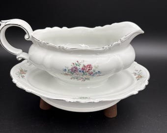 Crown Bavaria Germany Gravy Boat  Bowl Attached Platter Ladle Bouquet Floral Vtg