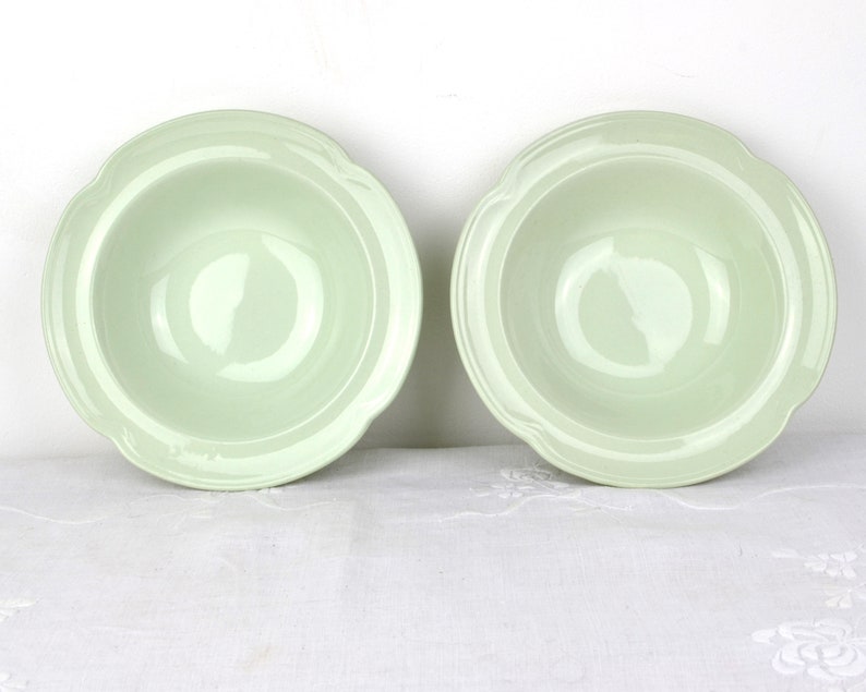 2 Greendawn bowls 6.5 VGC Johnson Brothers pair of small rimmed dessert fruit cereal bowl rim green utility ware china 30s 40s 50s image 1