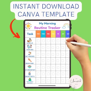 Morgen-Routine-Diagramm für Kinder • Morgen-Checkliste für Kleinkinder • Druckbare Routine-Tracker für Vorschulkinder • Bearbeitbare Canva-Vorlage