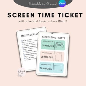 Screen Time Tickets for Kids • Printable Task Chart & Screen Time Coupons • 15/30/60 Minute Vouchers • Digital Download Behavior Reward