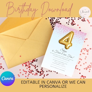 Bearbeitbare Mädchen 4. Geburtstagskarte | Canva Vorlage | Rosa Geburtstagseinladung | Benutzerdefinierte Option | Sofortdownload | Digital einladen