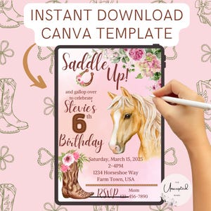 Editable Cowgirl Birthday Invitation Girl | Western Rodeo Birthday Invite | Pink Cowgirl Party Canva Template | Instant Download