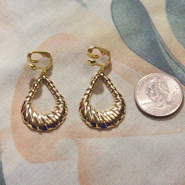 On SALE!~ 32mm Gold Fancy Swirl Iron Teardrop~Clip on or Pierced Earrings~