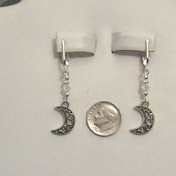 Antiqued Tibet Silver Moon Clear Bicone Clip On Earrings or Pierced 20 Colors Available