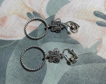 On SALE!  Antiqued Tibet Silver Spiral Circle Hoop~ Butterfly Dangle~ Clip On Earrings or Pierced