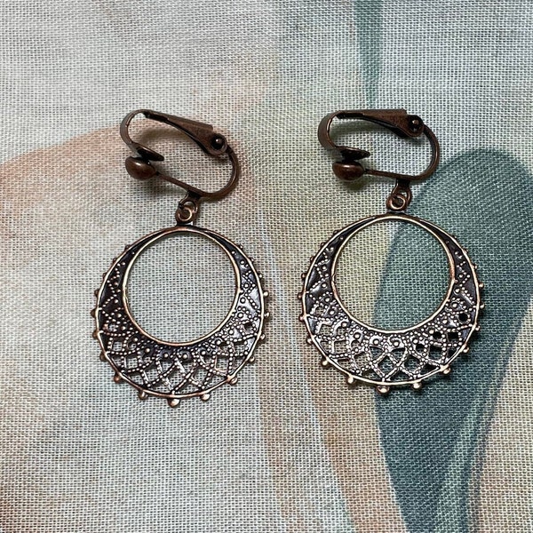 On SALE! Lightweight Antiqued Copper Filigree Hoop Clip On Earrings or Pierced