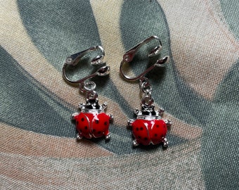 On Sale!! Tibetan Silver Red and Black Lucky~LadyBug Earrings Clip on or Pierced