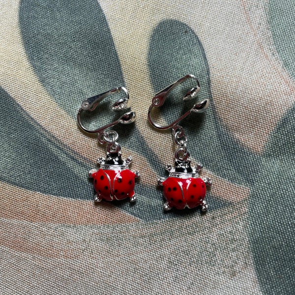 On Sale!! Tibetan Silver Red and Black Lucky~LadyBug Earrings Clip on or Pierced