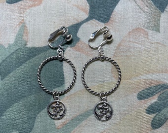 On SALE!  Antiqued Tibet Silver Spiral Circle Hoop~ OM Yoga Dangle~ Clip On Earrings or Pierced