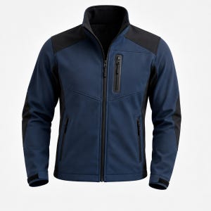 May include: A navy blue softshell jacket featuring black shoulder and side panels, a high collar, and a full-length front zip. The jacket includes a vertical zipped chest pocket and two lower zipped pockets, with adjustable hook-and-loop cuffs.