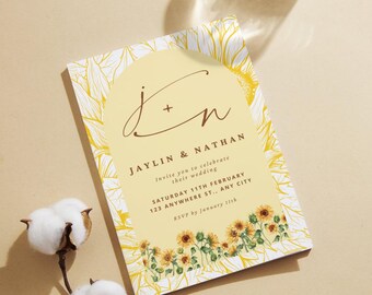 Plantilla de invitación de boda con girasoles: diseño editable en Canva, invitación floral amarilla imprimible, descarga digital para boda rústica.
