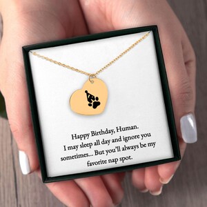 Cadeau d'anniversaire chat drôle pour elle, amoureux des animaux de compagnie coeur collier cadeau du chat à l'homme chat mignon maman bijoux sieste préférée pendentif spot carte de message