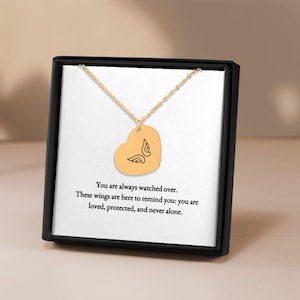 Angel Wings Memorial Necklace – Personalized Heart Pendant – Sympathy Gift for Loss of Loved One – Gold Remembrance Jewelry for Her