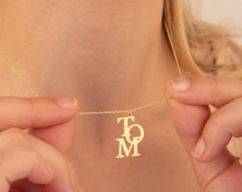 Gold Interlocking Initials Necklace: Personalized Vertical Letter Pendant, Mother's Day Jewelry