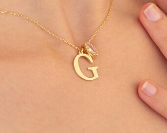 14K Gold Personalized Initials Custom Birthstone Necklace, Dainty Personalized Birthstone Pendant, First Time Mom Necklace, Bridesmaid Gifts