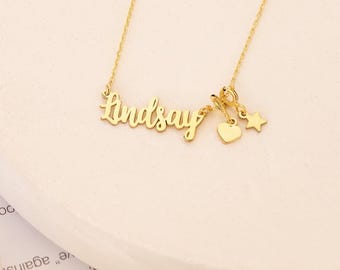 14K Gold Name Necklace, Family Name/Kids Name Necklace, Nameplate Necklace, Personalized Name Necklace with Symbols Charms, Gift For Her