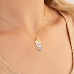 14K Gold Coffee Cup Necklace with Heart, Dainty Coffee Lover Pendant, Cute Barista Jewelry, Minimalist Coffee Charm, Coffee Addict Gift