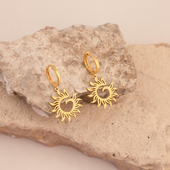 14K Gold Sun Dangle Hoop Earrings: Celestial Charm - Etsy display picture 1