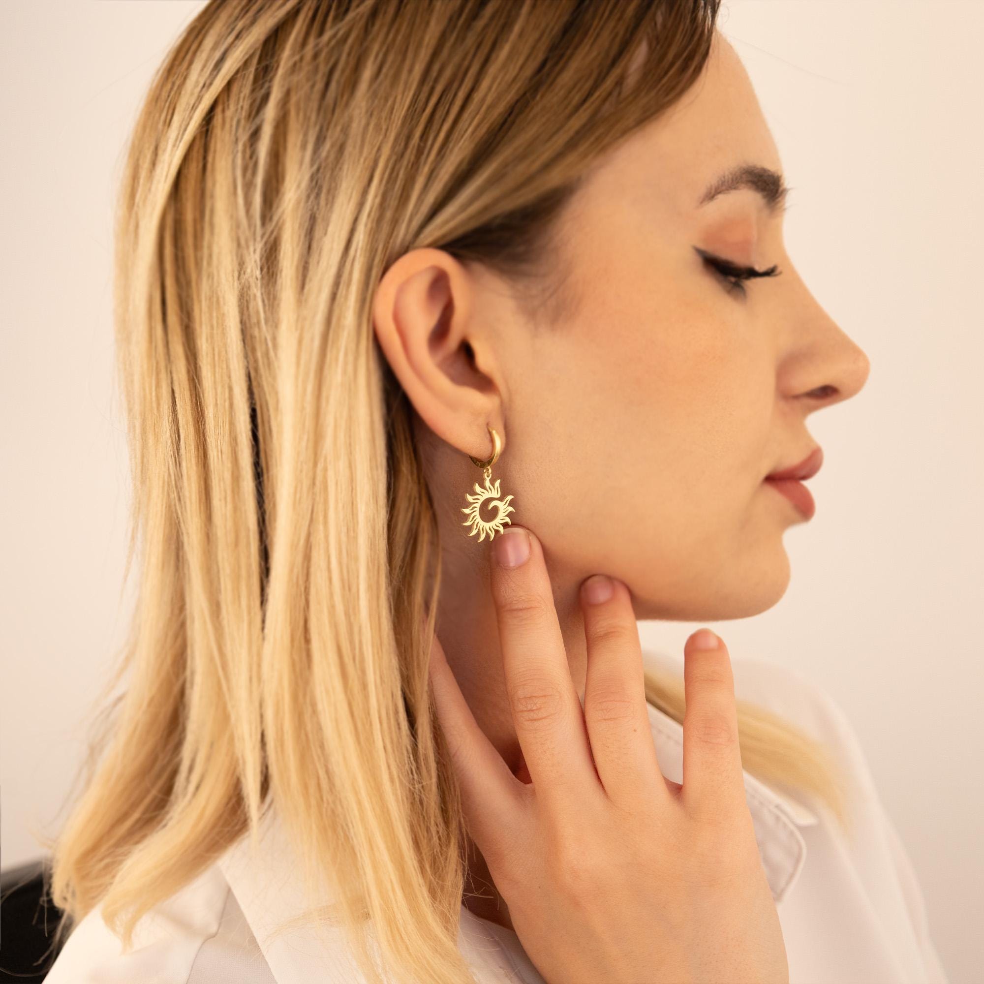 14K Gold Sun Dangle Hoop Earrings: Celestial Charm - Etsy display picture 1