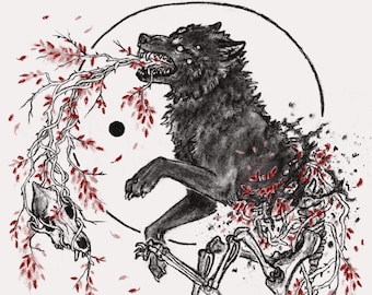 May include: A black wolf with a skeletal body, surrounded by red leaves and vines. The wolf's eyes are glowing, and its mouth is open in a snarl. The image is a dark and eerie depiction of death and decay.