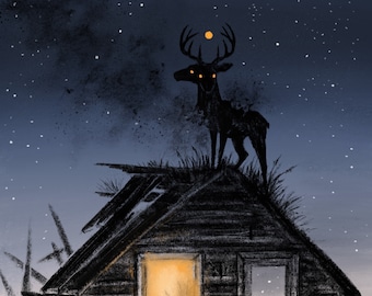 May include: A dark silhouette of a deer with glowing eyes stands on the roof of a small, wooden house against a starry night sky.