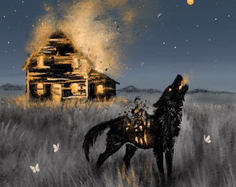 Incendiary 8x8 Fine Art Print Dark Night Wolf Dog Wolves Fire Creepy Spooky Cabin Gothic Decay