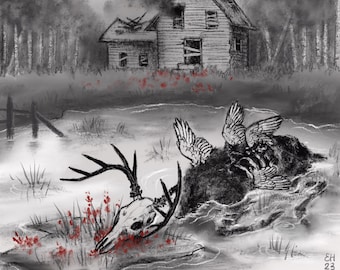 May include: A black and white illustration of a decaying house with a dark sky and a fallen winged creature with antlers. The creature is lying in a pool of water with red flowers growing around it.