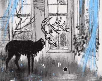 May include: A black deer skull with antlers hangs in a window of a room with blue curtains. A black deer stands in the room, looking at the skull. The room is drawn in shades of gray.