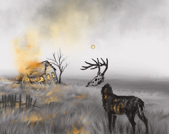 May include: A black and white illustration of a deer skull with antlers, standing in a field of tall grass. A small, wooden house is burning in the background, with a faint yellow sun in the sky.